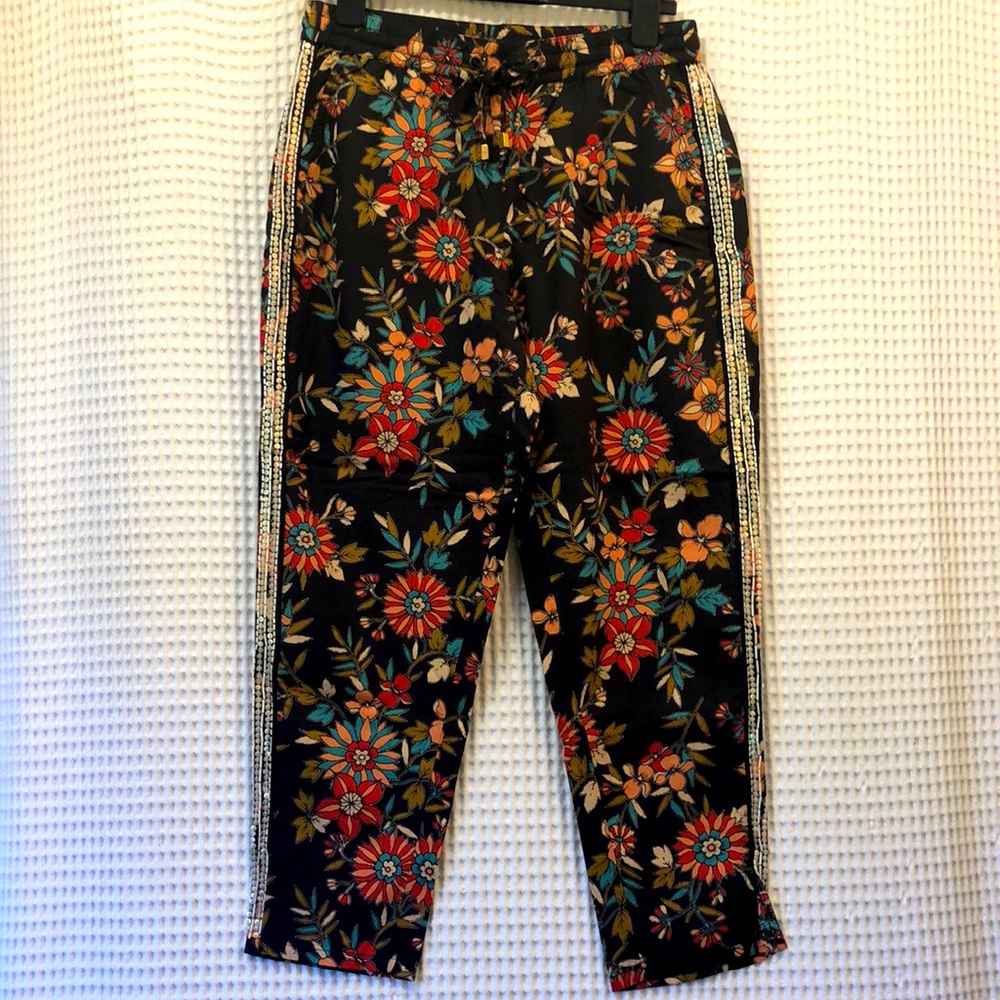 Anthropologie Black Floral Cropped Pants with Multicolor Stripe Trim